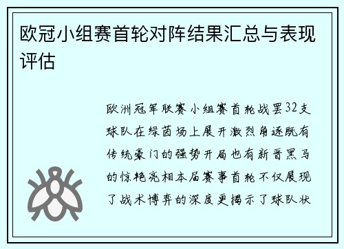 欧冠小组赛首轮对阵结果汇总与表现评估