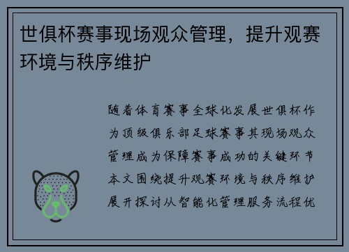世俱杯赛事现场观众管理，提升观赛环境与秩序维护